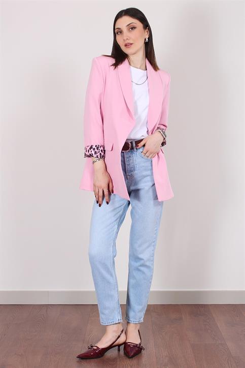 Pembe Atlas Kumaş Leopar Astarlı Blazer Ceket