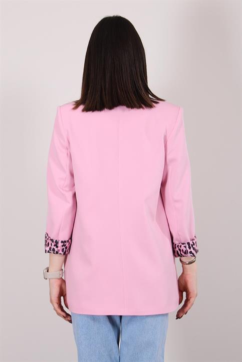 Pembe Atlas Kumaş Leopar Astarlı Blazer Ceket