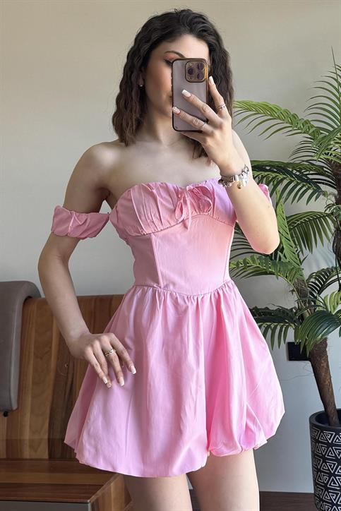 Pembe Balon Etekli Mini Elbise