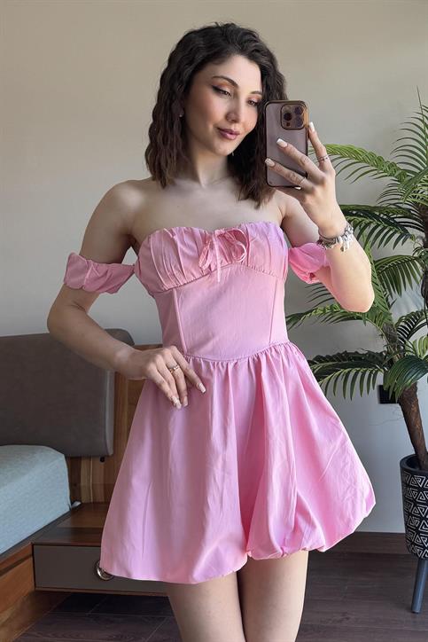Pembe Balon Etekli Mini Elbise