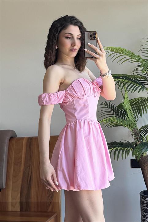 Pembe Balon Etekli Mini Elbise