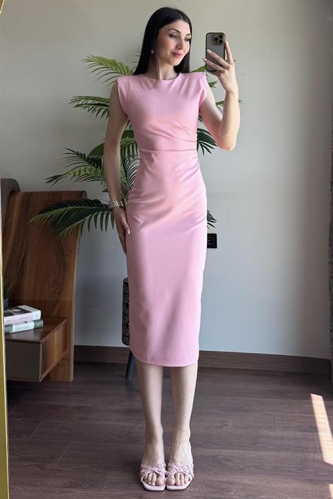 Pembe Bel Büzgülü Vatkalı Elbise