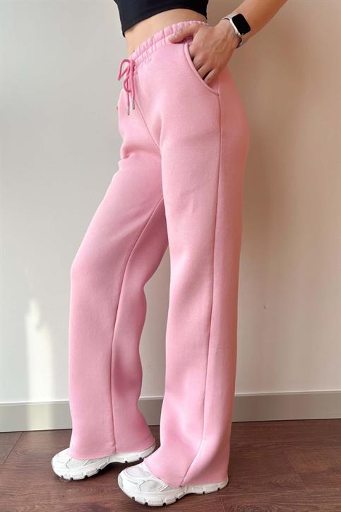 Pembe Beli Lastikli Üç İplik İçi Polarlı Geniş Kesim Palazzo Eşofman Altı
