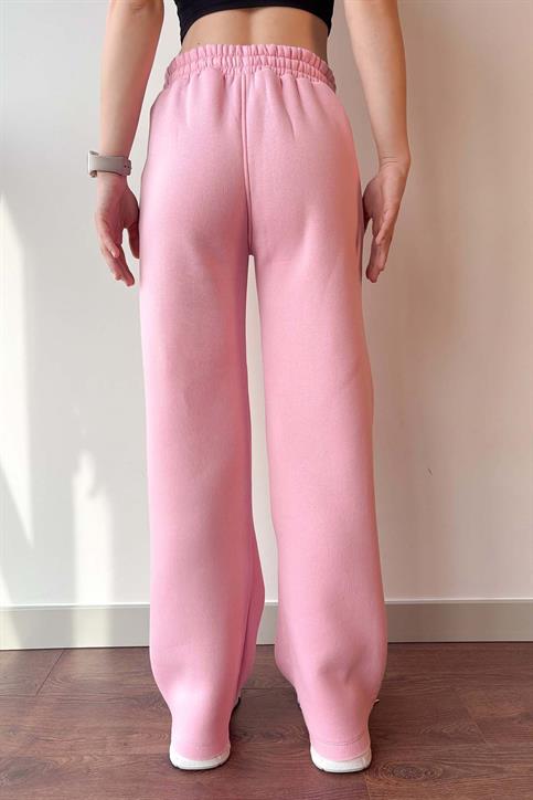 Pembe Beli Lastikli Üç İplik İçi Polarlı Geniş Kesim Palazzo Eşofman Altı