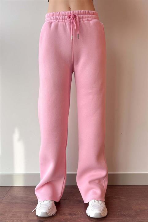 Pembe Beli Lastikli Üç İplik İçi Polarlı Geniş Kesim Palazzo Eşofman Altı