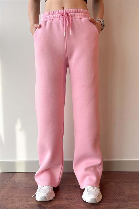 Pembe Beli Lastikli Üç İplik İçi Polarlı Geniş Kesim Palazzo Eşofman Altı