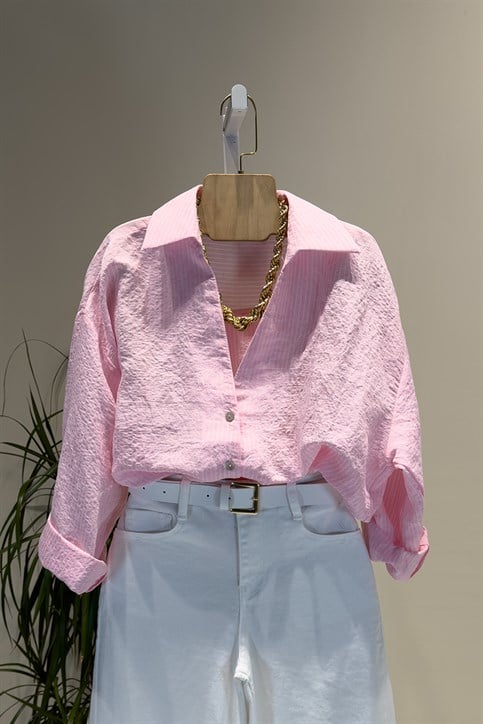 Pembe Beyaz Çizgili Oversize Gömlek