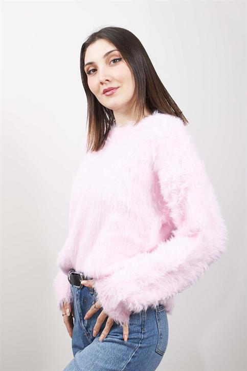Pembe Bisiklet Yaka Pleir Yumoş Kazak