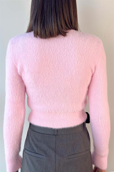 Pembe Bisiklet Yaka Yumoş Crop Kazak