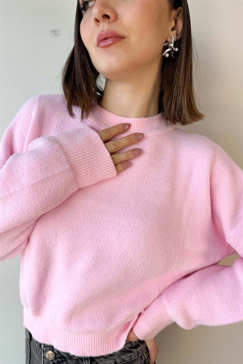 Pembe Bisiklet Yaka Yumoş Crop Kazak