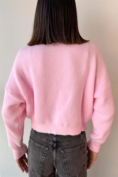 Pembe Bisiklet Yaka Yumoş Crop Kazak