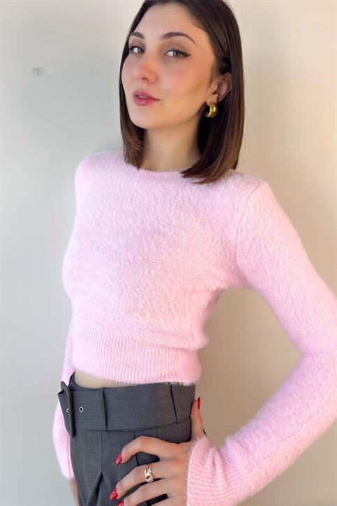 Pembe Bisiklet Yaka Yumoş Crop Kazak