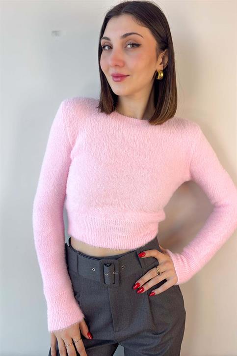 Pembe Bisiklet Yaka Yumoş Crop Kazak