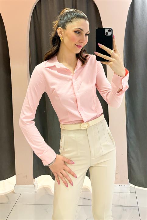Pembe Cepsiz Fit Gömlek