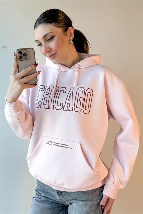 Pembe Chicago Baskılı Cepli Kapüşonlu Sweatshirt