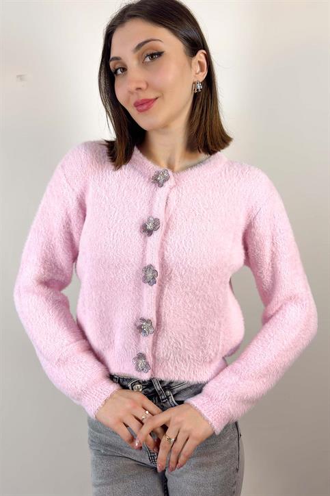 Pembe Çiçek Düğmeli Triko Hırka