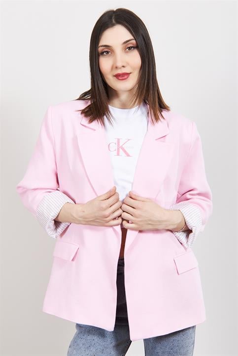 Pembe Çizgili Astarlı Keten Ceket