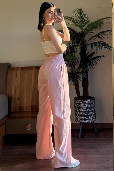 Pembe Çizgili Beli Lastikli Pantolon