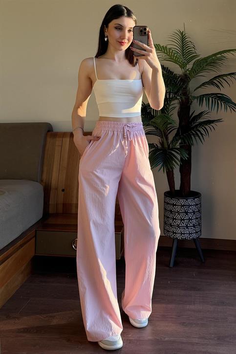 Pembe Çizgili Beli Lastikli Pantolon