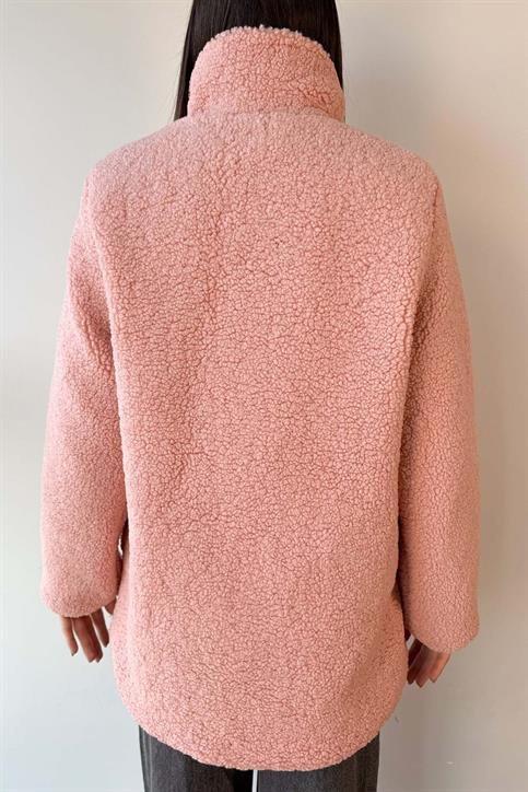 Pembe Deri Detaylı Astarlı Teddy Mont
