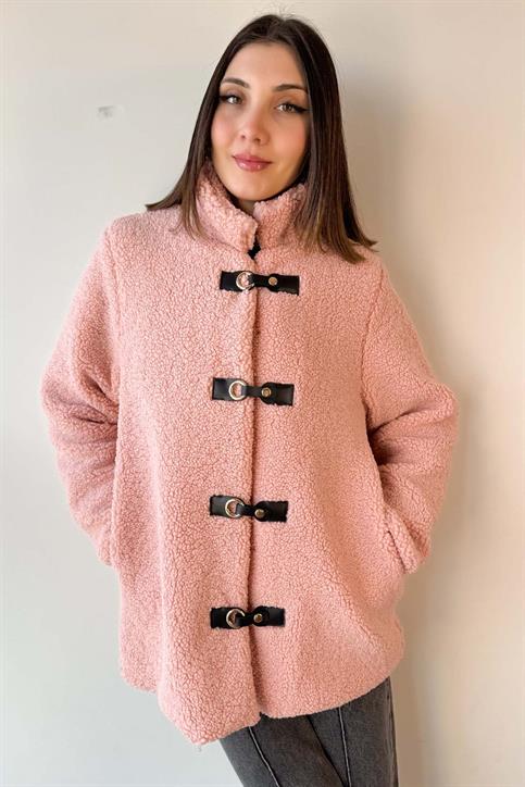 Pembe Deri Detaylı Astarlı Teddy Mont