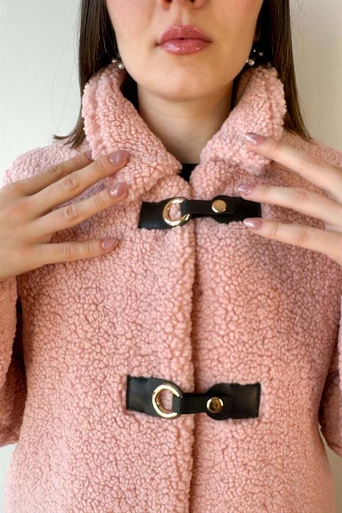 Pembe Deri Detaylı Astarlı Teddy Mont
