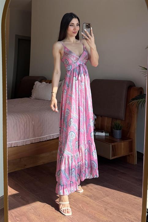 Pembe Desenli İp Askılı Elbise