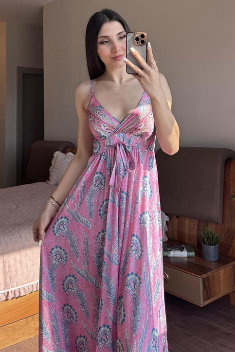 Pembe Desenli İp Askılı Elbise