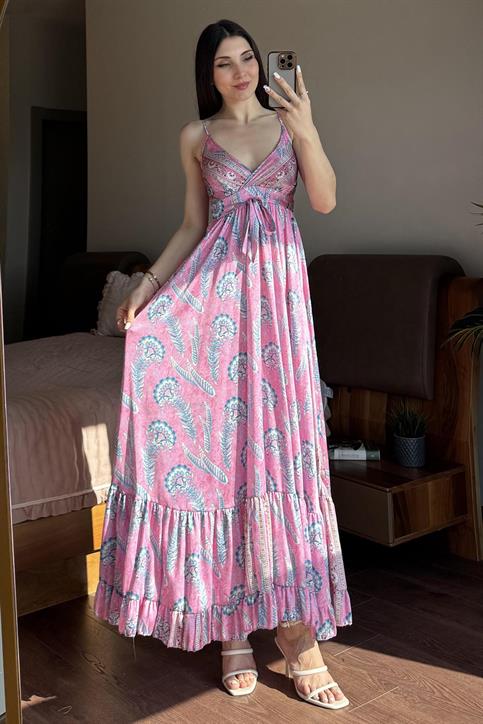 Pembe Desenli İp Askılı Elbise