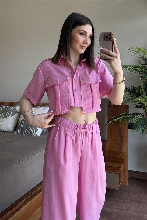 Pembe Döküm Cep Detaylı Pera Keten Gömlek Pantolon Takım