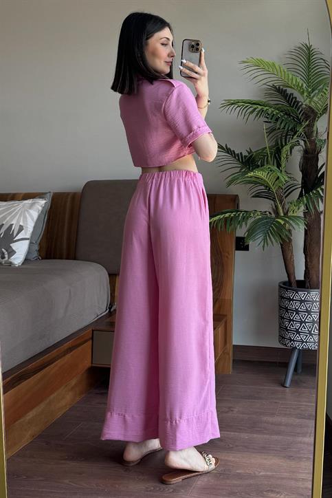 Pembe Döküm Cep Detaylı Pera Keten Gömlek Pantolon Takım
