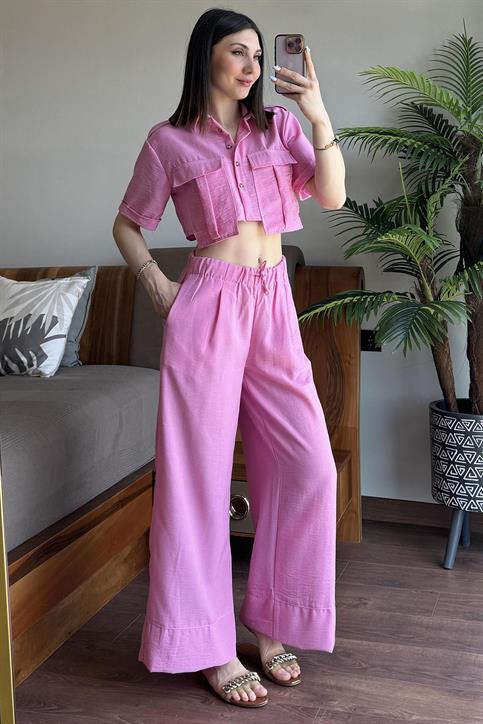 Pembe Döküm Cep Detaylı Pera Keten Gömlek Pantolon Takım