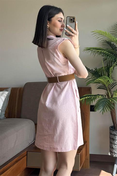 Pembe Dört Cep Detay Kemerli Keten Elbise