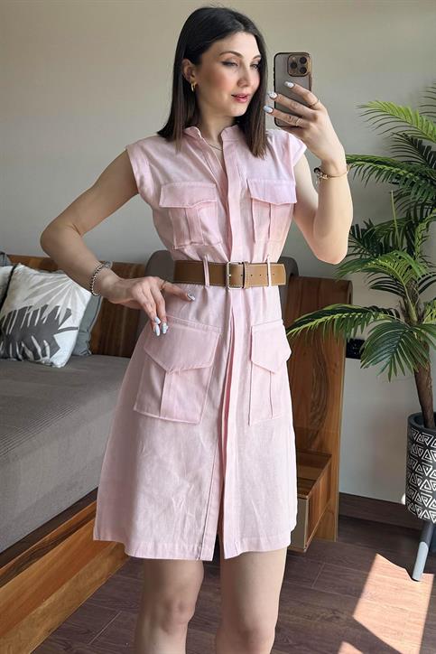 Pembe Dört Cep Detay Kemerli Keten Elbise