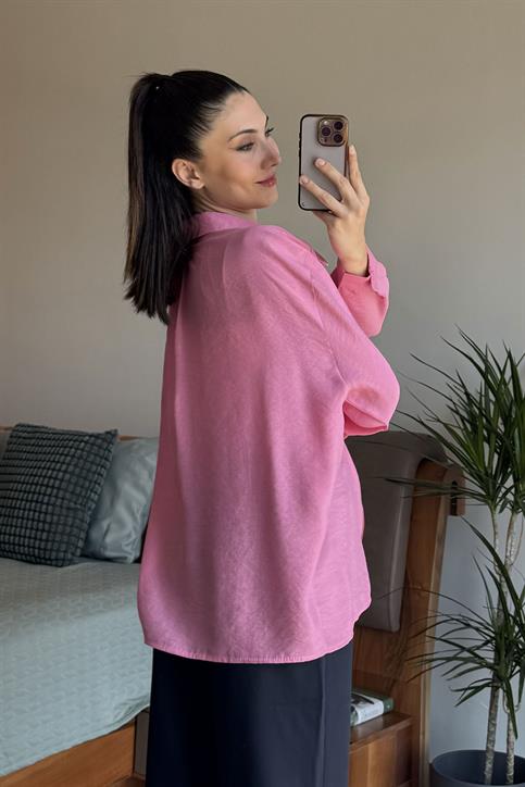 Pembe Düşük Omuzlu Oversize Gömlek