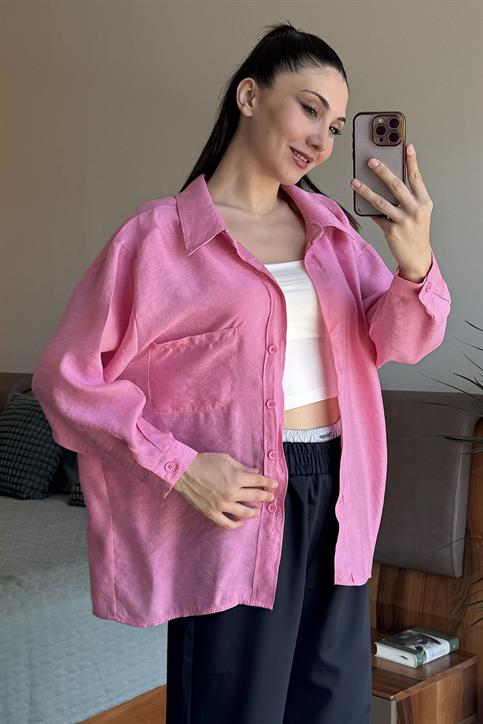 Pembe Düşük Omuzlu Oversize Gömlek