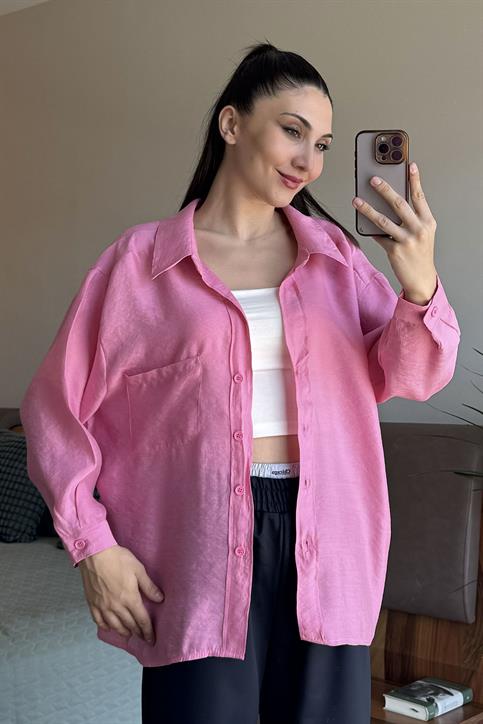 Pembe Düşük Omuzlu Oversize Gömlek