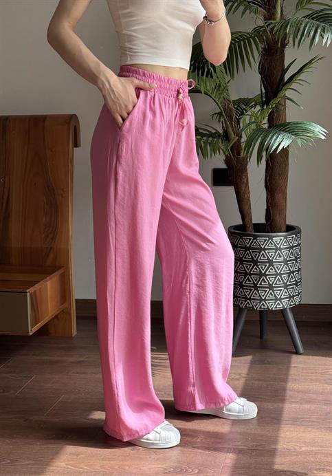 Pembe Elastik Belli İpi Tahta Boncuk Detaylı Pantolon