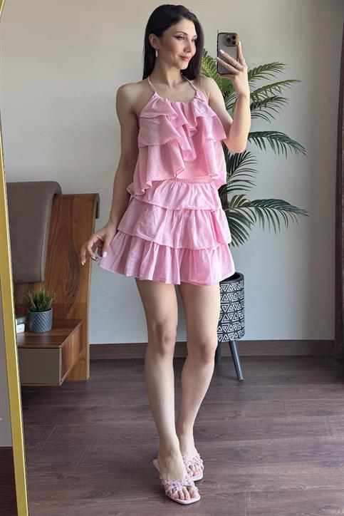 Pembe Fırfırlı Keten Etek