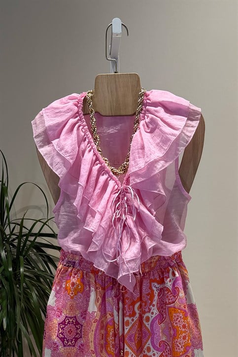 Pembe Floş Detay Fırfırlı Tencel Bluz