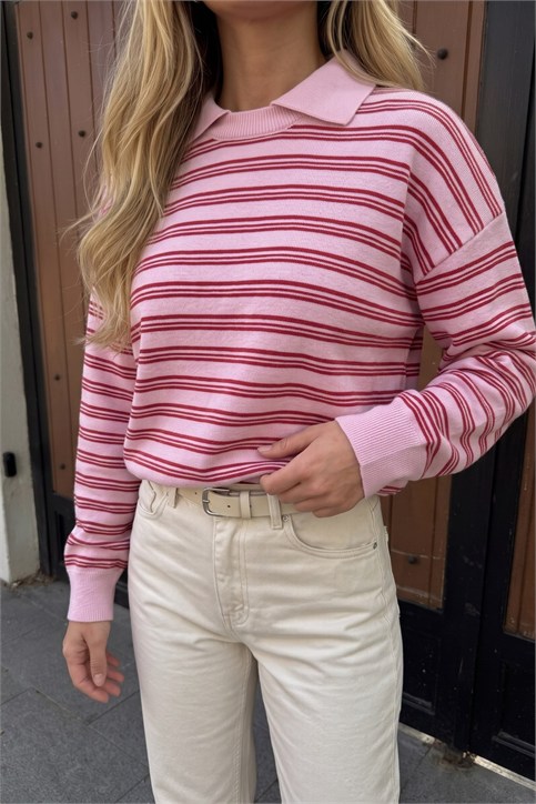 Pembe Garnili Yaka Detaylı Triko Sweatshirt