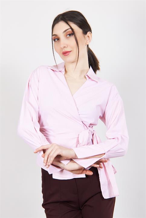 Pembe Gömlek Görünümlü Çizgili Bluz