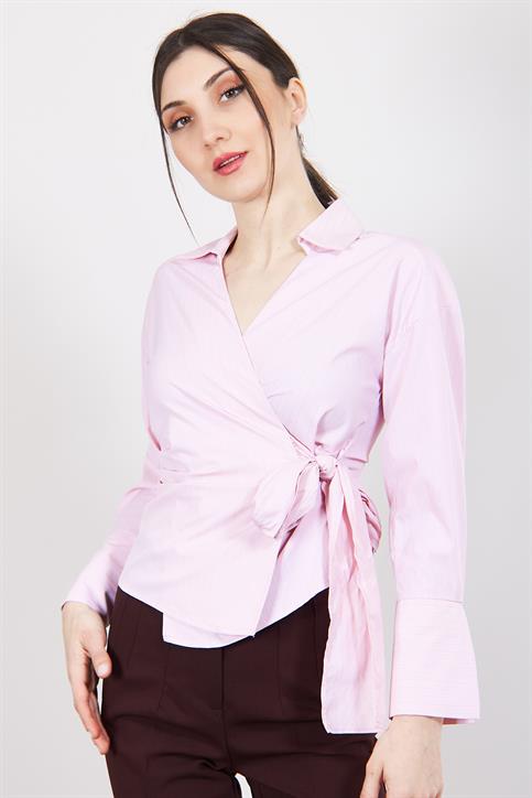 Pembe Gömlek Görünümlü Çizgili Bluz