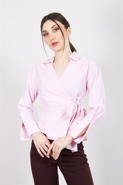 Pembe Gömlek Görünümlü Çizgili Bluz