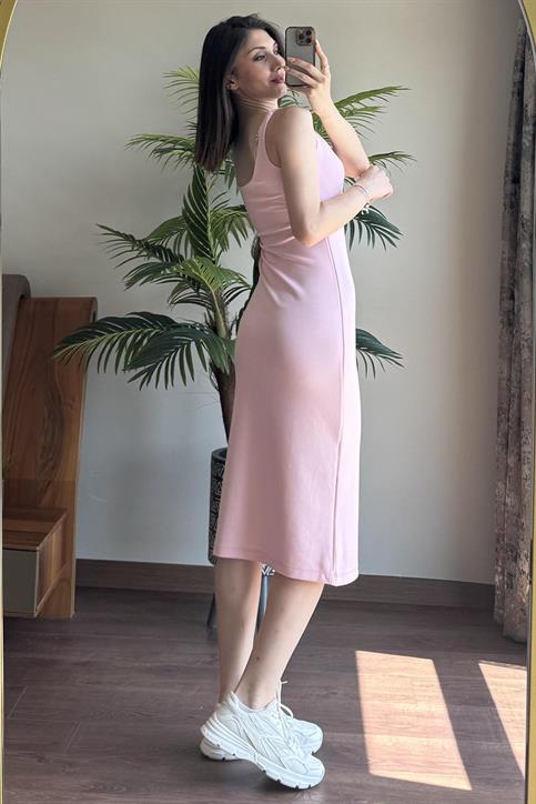 Pembe Kalın Askılı Astarlı Elbise