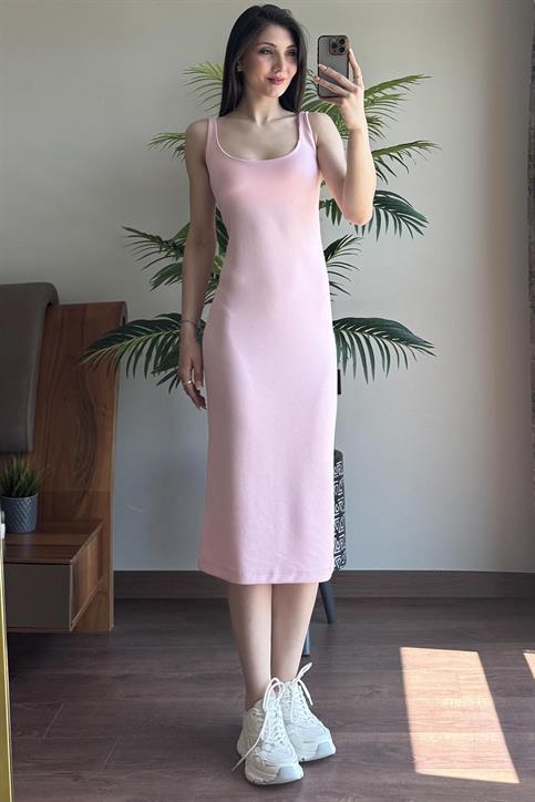Pembe Kalın Askılı Astarlı Elbise
