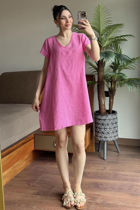Pembe Keten Elbise