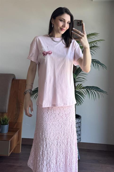 Pembe Kiraz Baskılı T Shirt