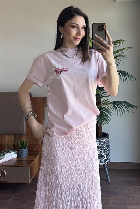 Pembe Kiraz Baskılı T Shirt