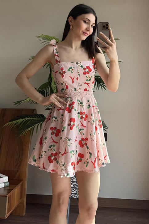 Pembe Kiraz Desenli Elbise